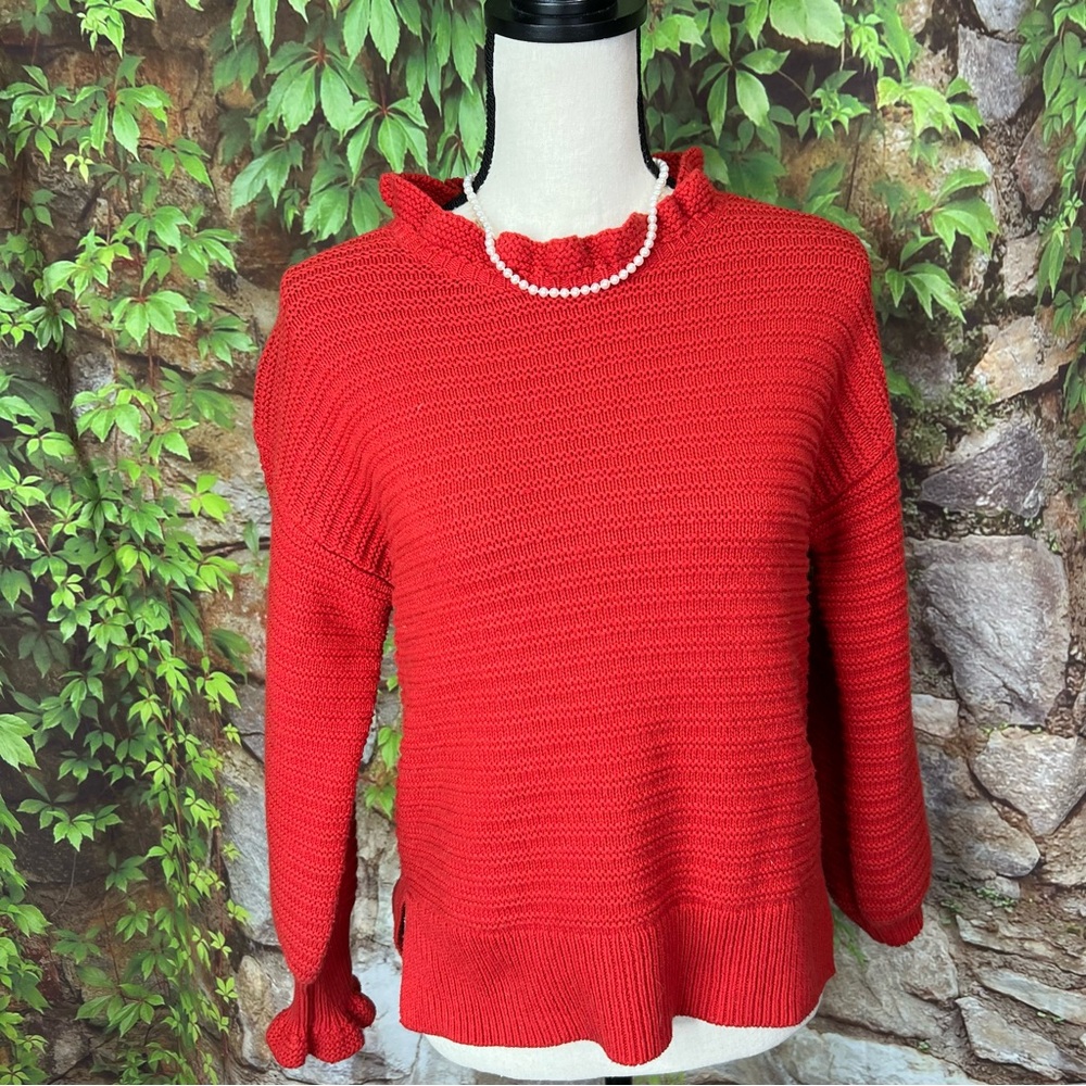MADEWELL Red Ruffle-Trimmed Rib Knit Sweater, S - Picture 8 of 10